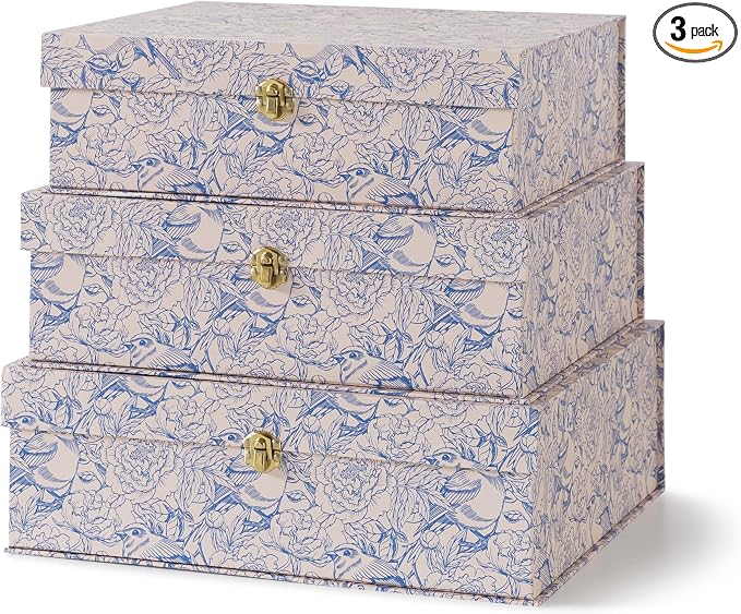 Soul & Lane - Blue Floral Storage Boxes with Gold Hardware, Set of 3 | Keepsake Trunk Style Storage Boxes with Lids for Home Decor and Organizing, Cute White Vintage Wedding Memory Chests by SoulLane