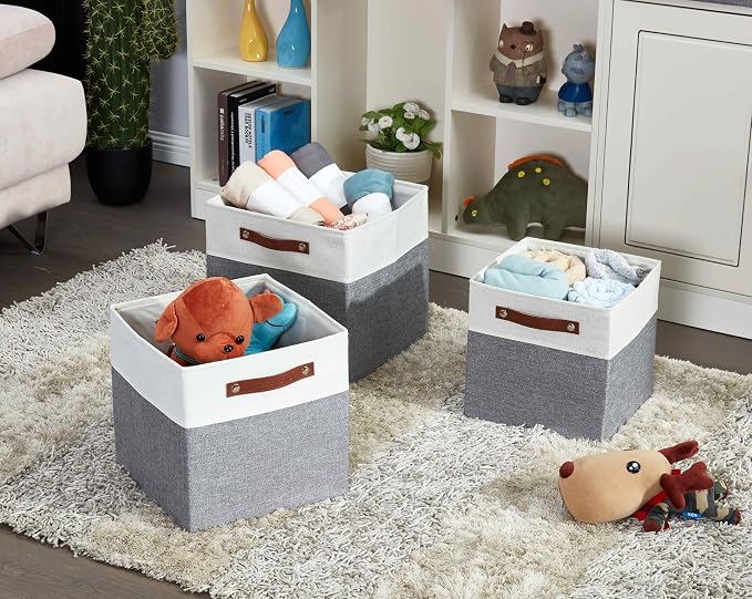 DECOMOMO Fabric Cube Storage Bins, Storage Baskets for Shelves 4 Pack | 11 inch Cube Storage Organizer for Kallax and Cubbies (Grey & White) - Image 4
