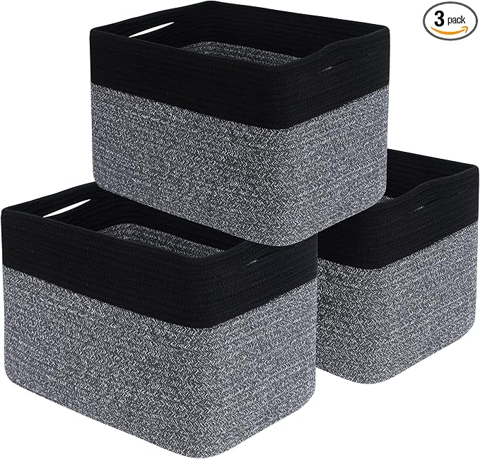 3-Pack Storage Baskets for Shelves, Playroom and Classroom Storage Basket, Book Basket, Decorative Storage Cube Bins, Woven Closet Organizers, Pantry and Shoe Organizer, Black Grey Mix by MINTWOODDesign