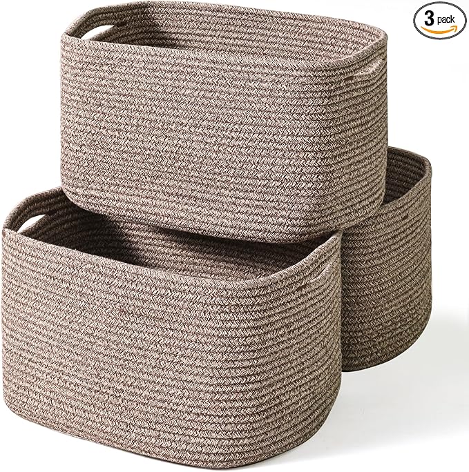 ICERZCZ Storage Baskets for Organizing Shelves, Woven Cotton Rope Bins for Baby Nursery Organization, Book Toy Towel Organizer, 15"x11"x9.5", 3 Packs, Dark Brown by ICERZCZ