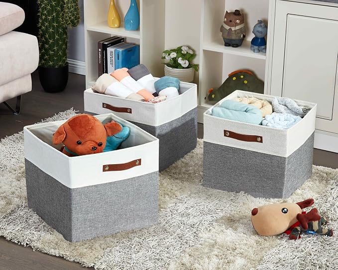 DECOMOMO Kallax Storage Cubes, Storage Baskets for Shelves 3-Pack | 13 x 15 x 13 Storage Bins, Baskets for Organizing Shelves (Grey & White) - Image 7