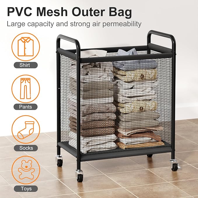 WOWLIVE Rolling Laundry Hamper with Wheels, 90L Laundry Basket | Laundry Sorter with Metal Handle and Removable Bag, Large Clothes Hamper for Laundry Room, Bathroom and Dorm, Beige - Image 4