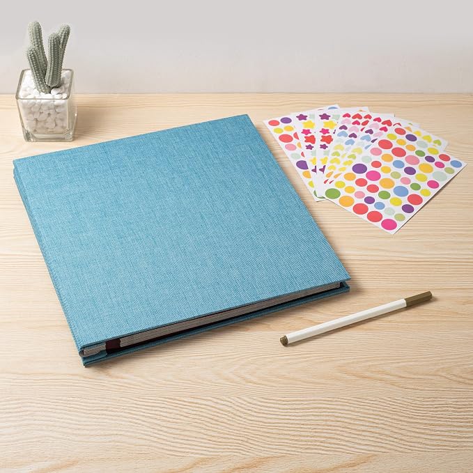 Large Photo Album Self Adhesive 4x6 8x10 10x12 13"x12.6" Scrapbook Album 12.6"x11" Inch 60 Black Sticky Pages Linen Cover Magnetic Photo Album with A Metallic Pen and DIY Stickers(Sky Blue) - Image 6