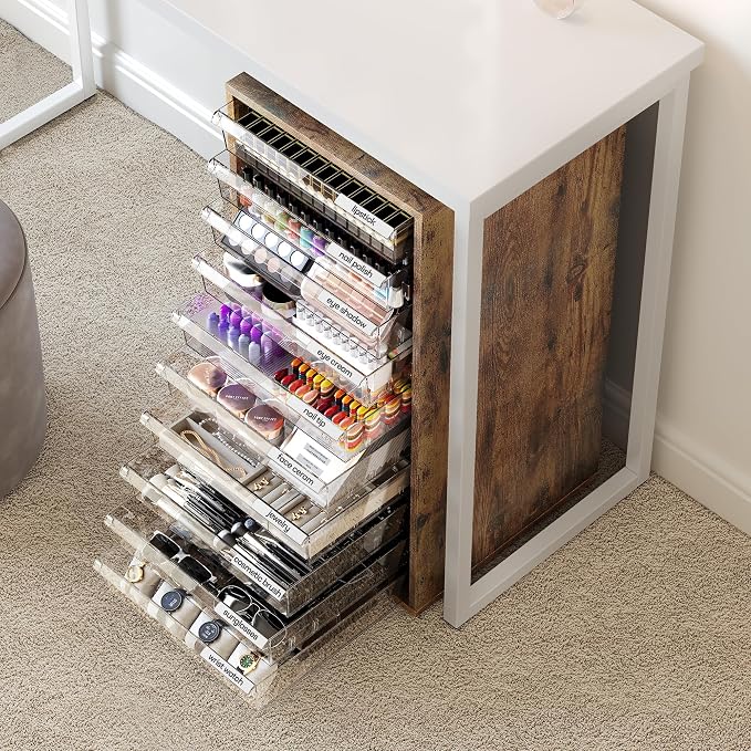 Storage Drawer Cart, Mobile Storage Cabinet, Makeup Storage with 10 Large Clear Drawers, Utility Wooden Rolling Cart on Wheels, for Cosmetic, Art Craft, Office Supplies, Toy, Brown - Image 9