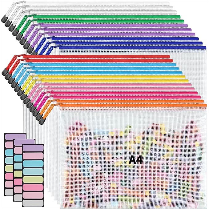 JARLINK A4 Mesh Zipper Pouch Bags, 24 Pcs Waterproof Zipper Pouch Bags | Multi-use Mesh Bags for Board Games & Puzzles, Office School Supplies, Toys, Cosmetics Travel Storage, 10 Colors, Lettle Size by JARLINK