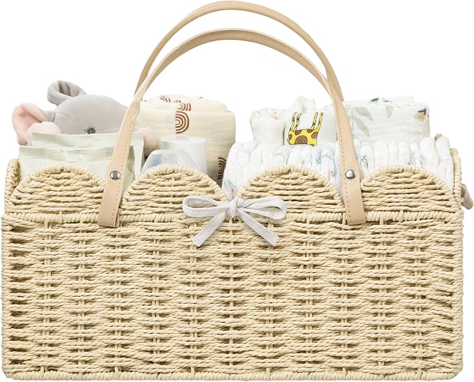 HBlife Large Baby Diaper Caddy, Paper Rope Storage Baskets Nursery Bin with Removable Divider, Portable Car Organizer for Diapers, Baby Shower Gifts, Newborn Essentials Must Haves by HBlife