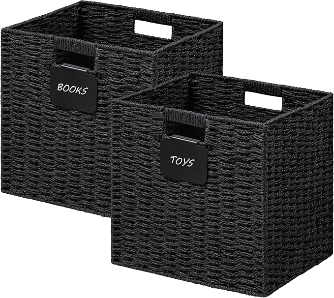 UBBCARE 2 Pack Wicker Basket, 10.5×10.5 Storage Cubes with Label, Foldable Cube Storage Bin with Handle, Square Storage Basket for Shelves, Woven Paper Rope Basket for Organizing, Black by UBBCARE