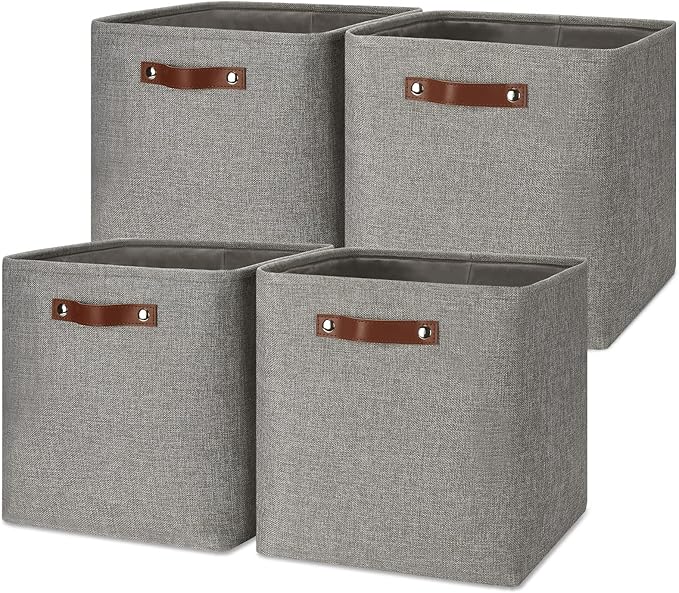 Temary Storage Baskets 13 Inch Fabric Storage Cubes for Shelves Set of 4 Storage Cube Bins for Home, Office, Storage Organizers for Toys with Leather Handles(Grey) - Image 8