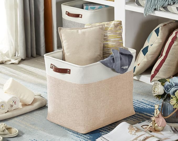 DECOMOMO Extra Large Storage Baskets, 54.5L Fabric Storage Bins 3 Pack | XXXL Storage Baskets for Shelves, Linen Closet Organizers (Beige & White, 17" x 13" x 15") - Image 2