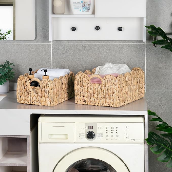 iEGrow Scalloped Wicker Basket, Set of 2 Woven Rattan Natural Water Hyacinth Baskets with Built-in Handles, Rectangle Storage Baskets for Organizing, Decor, Shelf and Nursery Room - Image 4