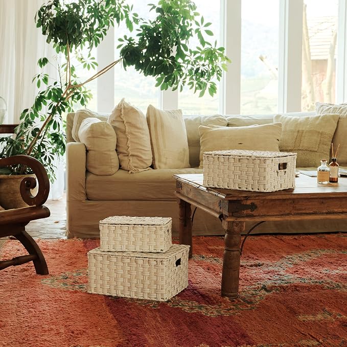 GRANNY SAYS Wicker Baskets with Lids, Woven Storage Basket with Lid | Woven Baskets with Lids, Wicker Baskets for Storage, Decorative Storage Boxes, Woven Stackable Basket with Lid, 3 Pack - Image 2