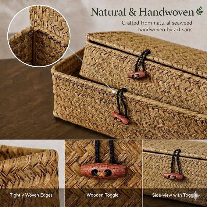 YANGQIHOME Set of 2 Seagrass Baskets with Lids, Rectangular Woven Storage Baskets, Natural Wicker Basket Boxes for Coffee Table, Shelf, Bathroom Counter & Closet Decor (Natural, Set of 2) - Image 3