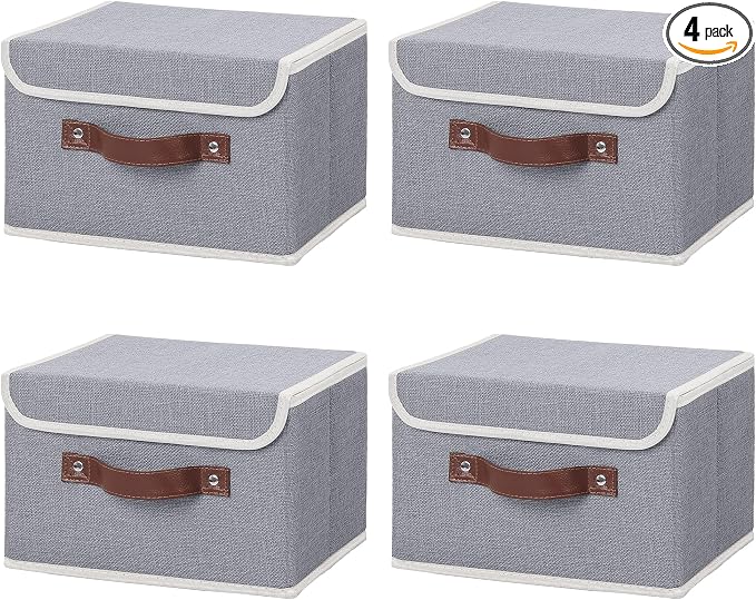 ANMINY Fabric Storage Box Bins with Lids, Gray, 10"x8"x7", 4 Pack | Keepsake Memory Storage, Cotton Linen, PP Board Reinforced, Washable, PU Handles, Foldable & Stackable, Decorative, Small by ANMINY