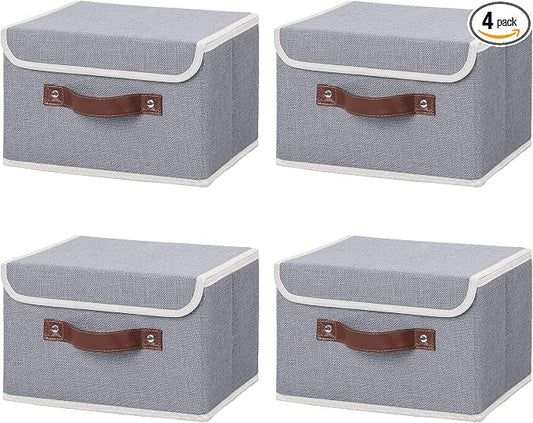 ANMINY Fabric Storage Box Bins with Lids, Gray, 10"x8"x7", 4 Pack | Keepsake Memory Storage, Cotton Linen, PP Board Reinforced, Washable, PU Handles, Foldable & Stackable, Decorative, Small by ANMINY