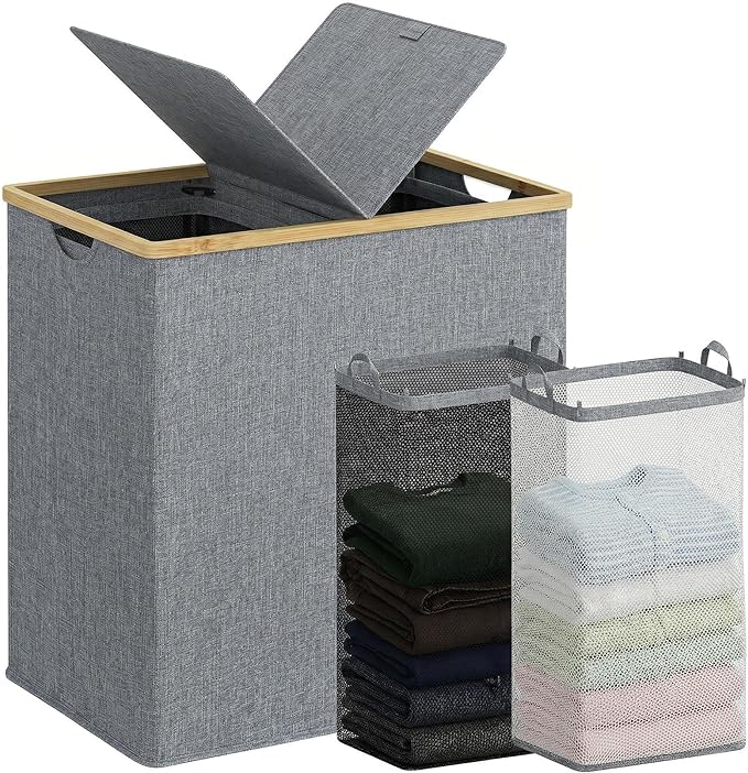 efluky Laundry Hamper with Lid, Double Laundry Basket with 2 Removable Bags, 2 Section Laundry Bin with Bamboo Handles for Bathroom, Bedroom & Laundry Room, 140L (36.9 Gallon) Blue Grey by efluky