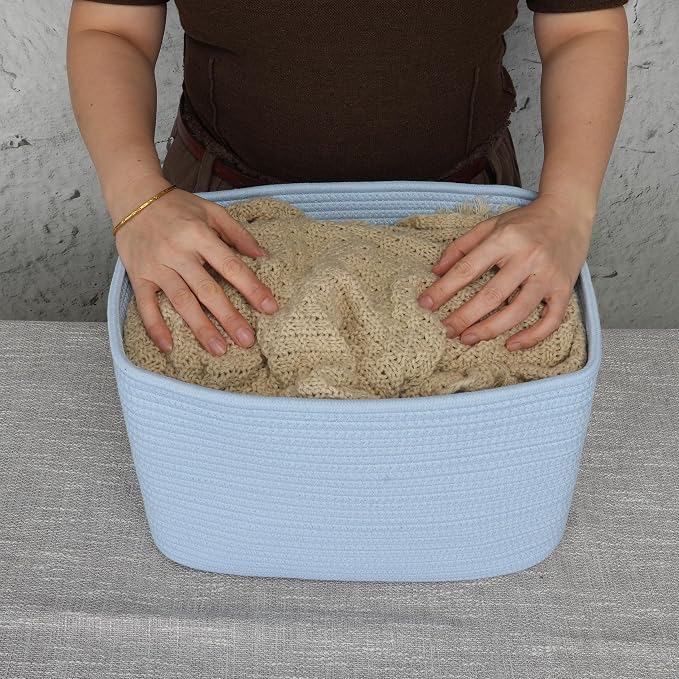 XUANGUO Woven Cotton Rope Storage Baskets 15x10x9.3" 3 Pack Light Blue | Decorative rectangular storage baskets for shelves and closets; storage bins organize clothes, toys, books and nursery items. - Image 3