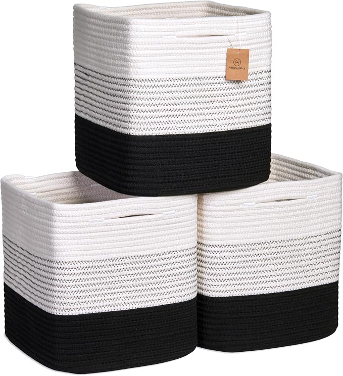 NaturalCozy Storage Cubes 11 Inch Cotton Rope Woven Baskets for Organizing, 3-Pack | Cube Storage Bin | Square Storage Baskets for Shelves Organizer, Classroom, Kids Toy Bins, Closet, Baby Nursery by NaturalCozy