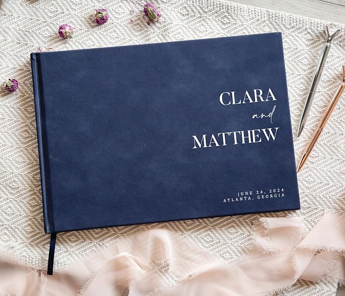 Personalized Guest Book - 11.5" x 8.5" Premium Custom Guest Signing Book with Bookmark and Blank Pages for Wedding Reception Table Decoration Engagement Birthday Party Event, Navy - Image 6