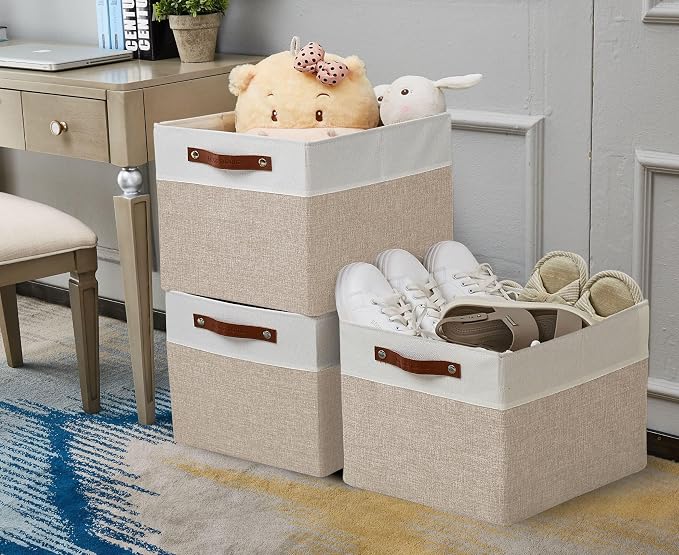 DECOMOMO Kallax Storage Cubes, Storage Baskets for Shelves 4-Pack | 13 x 15 x 13 Storage Bins, Baskets for Organizing Shelves (Beige & White) - Image 6