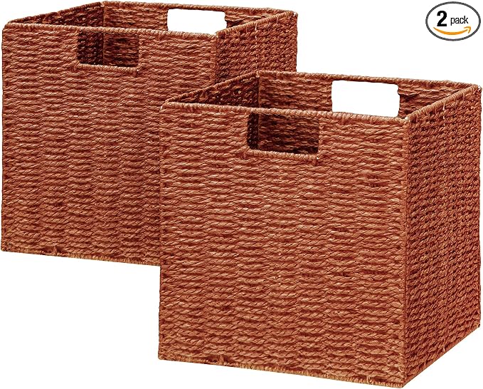 Wicker Storage Basket, Set of 2 Hand-Woven Paper Rope Wicker Basket, Foldable Cube Storage Bins, Square Large Storage Baskets for Organizing Shelves & Decor, Orange (13″×13″×13″) by Vagusicc