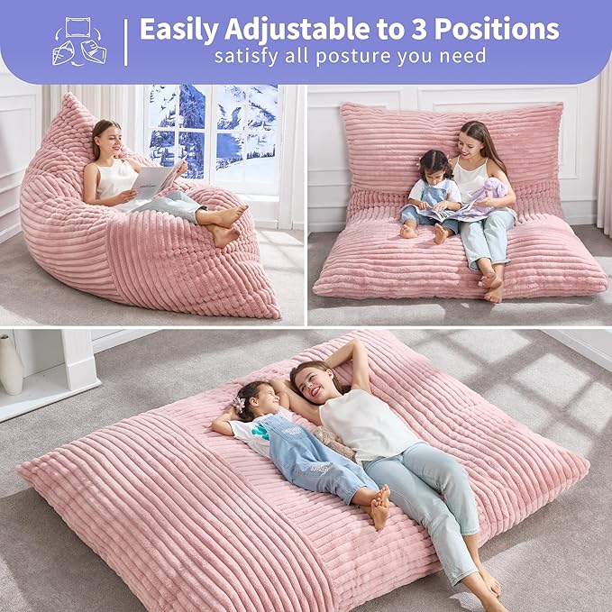 Hobestluk Adult Bean Bag Chair 3 in 1 Convertible Large Bean Bag Sofa | Striped Pink,Machine Washable,Removable Cover,Easy Convert And Install, Oversied Floor Bed,For Livingroom Bedroom - Image 3