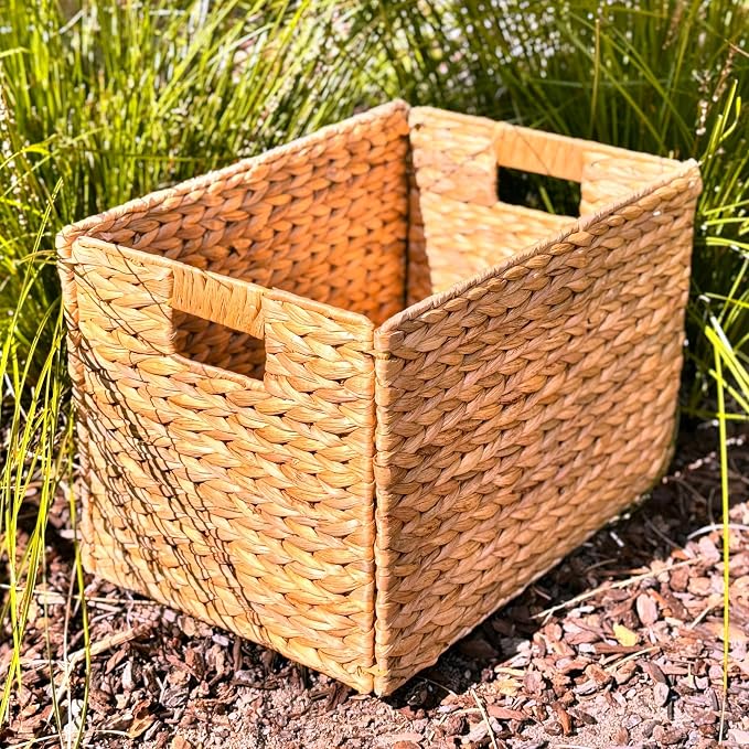 4 Decorative Hand-Woven Water Hyacinth Wicker Storage Basket, 16x11x11 Ideal for Shelving Units - Image 4