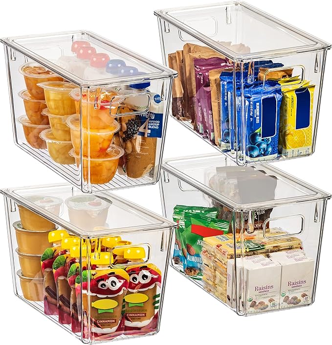 ClearSpace Plastic Storage Bins with Lids for Pantry & Fridge, 4 Pack | Modern plastic storage bins with lids for pantry and refrigerator organization, 9L capacity, transparent rectangular shape by ClearSpace