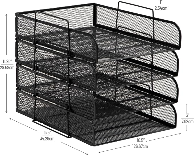 Mind Reader Stackable Paper Tray, Desktop Organizer, File Storage, Office, Metal Mesh, 10.5" L x 13.5" W x 11.25" H, 4 Pcs., Black - Image 3
