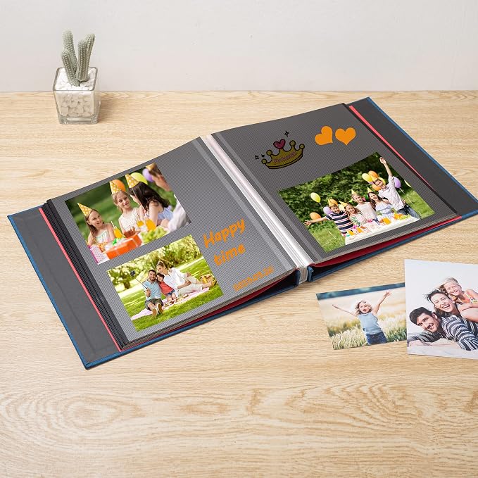 Large Photo Album Self Adhesive 4x6 8x10 10x12 13"x12.6" Scrapbook Album 12.6"x11" Inch 60 Black Sticky Pages Linen Cover Magnetic Photo Album with A Metallic Pen and DIY Stickers(Blue) - Image 2