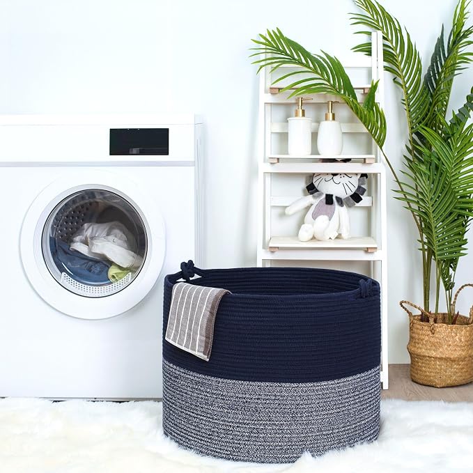 Extra Large 22 x 16in Decorative Woven Cotton Rope Blanket Storage Basket Bin Living Room with Handles and Laundry Hamper for Pillows, Pool Towels, Dog Toys, Shoes, Navy Blue - Image 4