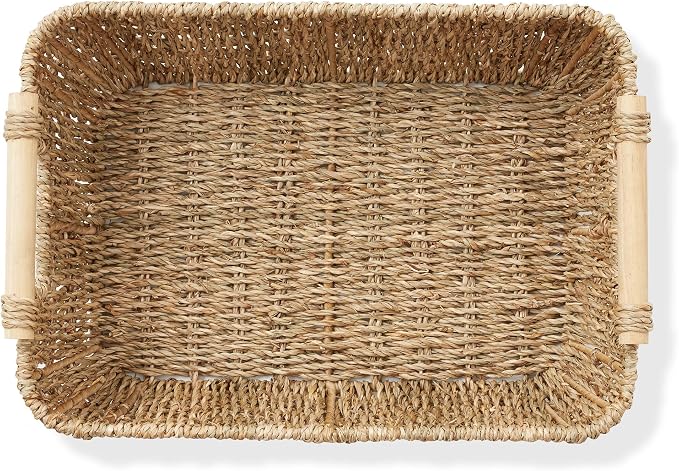 Casafield Set of 2 Seagrass Oval Storage Baskets with Wooden Handles - Medium, Woven Bin Organizers - Image 5