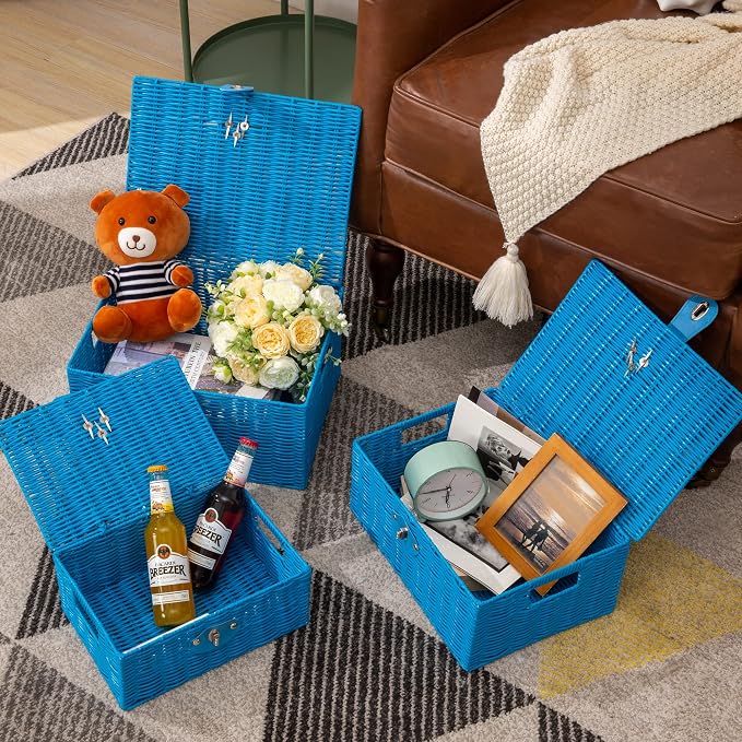 Set of 3 Woven Wicker Storage Basket Box with Lids & Lock, Built-in Carry Handles, Multifunctional Storage Organizer for Nursery, Baby, Clothes, Toys, Books, Large/Medium/Small Size (Blue) - Image 2