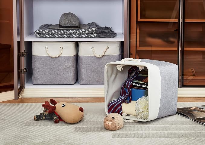DECOMOMO Cube Storage Bin 13x13 with rope handles, Kallax Storage Cubes | 3 Pack, Fabric Storage Bins for Organizing Clothes, Toys, Books (Grey & White) - Image 9