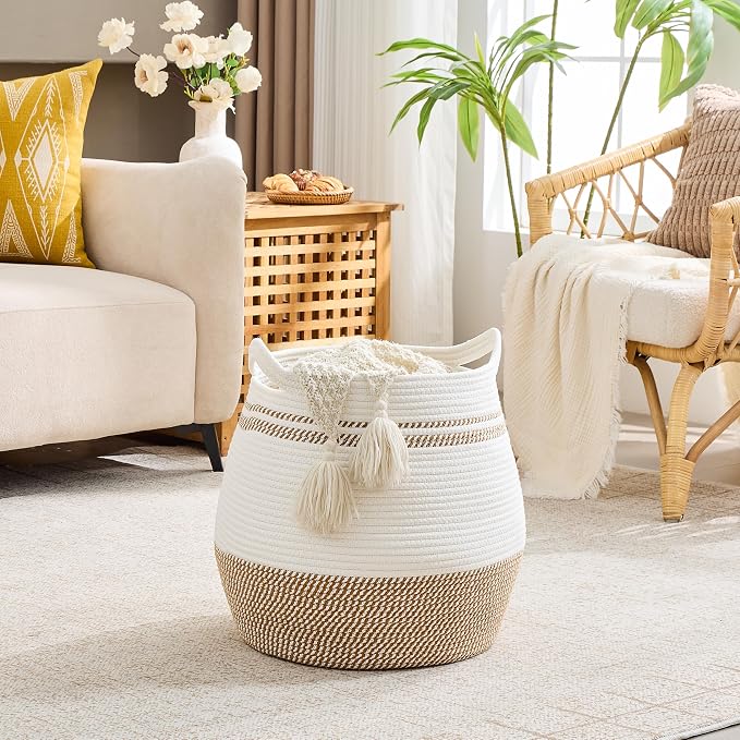 KAKAMAY Large Cotton Rope Woven Basket for Storage (17"x17"), Collapsible Laundry Hamper for Baby, Blanket Basket for Organizing Living Room, Nursery, Clothes, Toy Chest, Brown Stripes - Image 4
