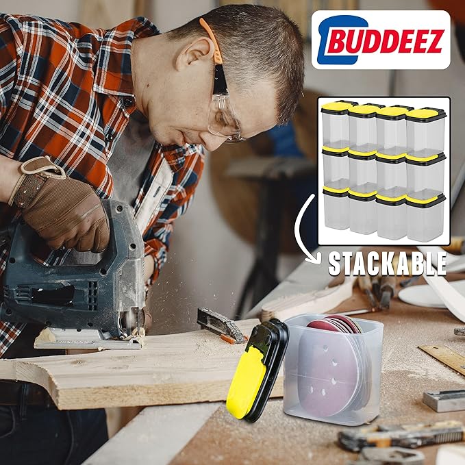 Buddeez Stackable Hardware Storage Bins, Workshop Organizer 1 Quart 12-Pack | Clear bins for easy visibility, Stackable lids, Organizes nuts, bolts, screws and small parts, Workshop or garage storage - Image 2