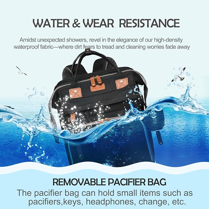 Diaper Bag Backpack with Changing Station, Waterproof for Travel, Black - Image 7