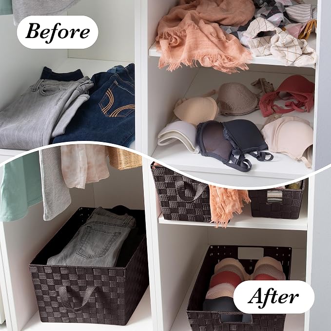 Simplify Small Shelf Woven Strap Tote | Decorative Storage Basket | Built in Handles | Organization | Closet | Bedroom | Bathroom | Nursery | Accessories | Toys | Gifts | 4 Pack | Chocolate - Image 6