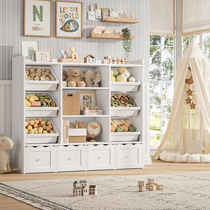 HITHOS 55" W Kids Toy Storage Organizer with 10 Toy Box & Book Shelf, White | Large Toy Organizers and Storage with Kids Bookshelf & 6 Plastic Toy Chests & 4 Movable Drawers for Kids Room, Playroom by HITHOS