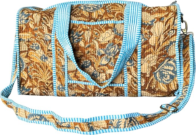 ATOSII Large Duffle Bag, Handblock Print 100% Quilted Cotton for Overnight Trip, Travel Weekender, Luggage, 2 Pockets with Zipper, 1 Front Pocket, Detachable Long Strap, 20 X 10 X 12 Inches, Sienna by ATOSII
