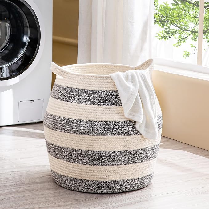 KAKAMAY Woven Baskets for Storage(17"x17"),Large Cotton Rope Basket Woven Baby Laundry Hamper,Collapsible Laundry Basket, Blanket Basket for Organizing Living Room,Nursery,Pillows,Toy Chest(Grey) - Image 3