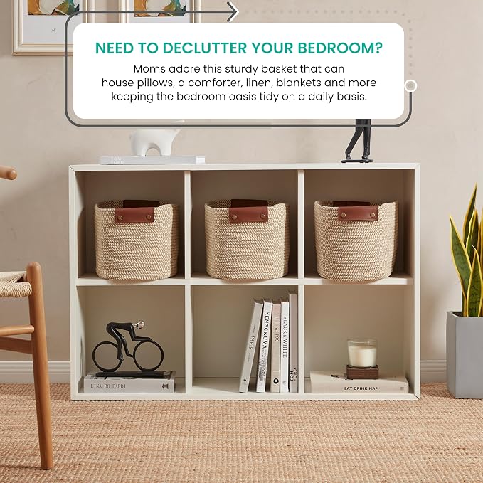 3 Pack Woven Cotton Rope Storage Basket, 15x10x9, Multi-Brown | Faux Leather Handles; Decorative Closet Shelf Organizer; Ideal for Storage & Organization - Image 3