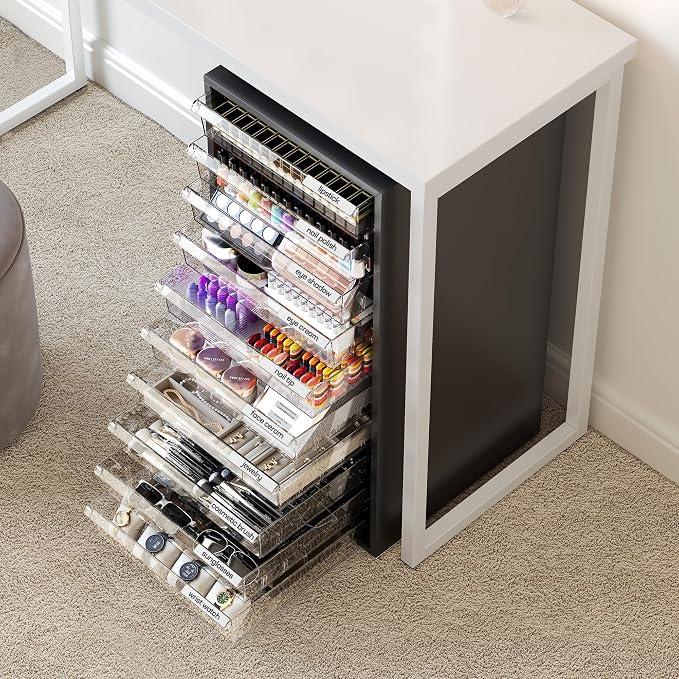 Storage Drawer Cart, Mobile Storage Cabinet, Makeup Storage with 10 Large Clear Drawers, Utility Wooden Rolling Cart on Wheels, for Cosmetic, Art Craft, Office Supplies, Toy, Black - Image 9