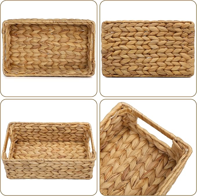 4 Small 3.6 QT Water Hyacinth Wicker Baskets for Shelves, 10" Long Woven Pantry Organizers and Storage Basket, Decorative Ratten Shallow Rectangle Baskets for Organizing Countertop Bathroom - Image 5