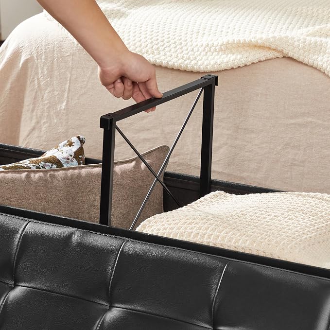 SONGMICS 43.3 Inches Folding Storage Ottoman Bench with Flipping Lid | Storage Chest Footrest Padded Seat, Iron Frame Support, Ink Black, MINOTA Collection ULSF75BK - Image 9
