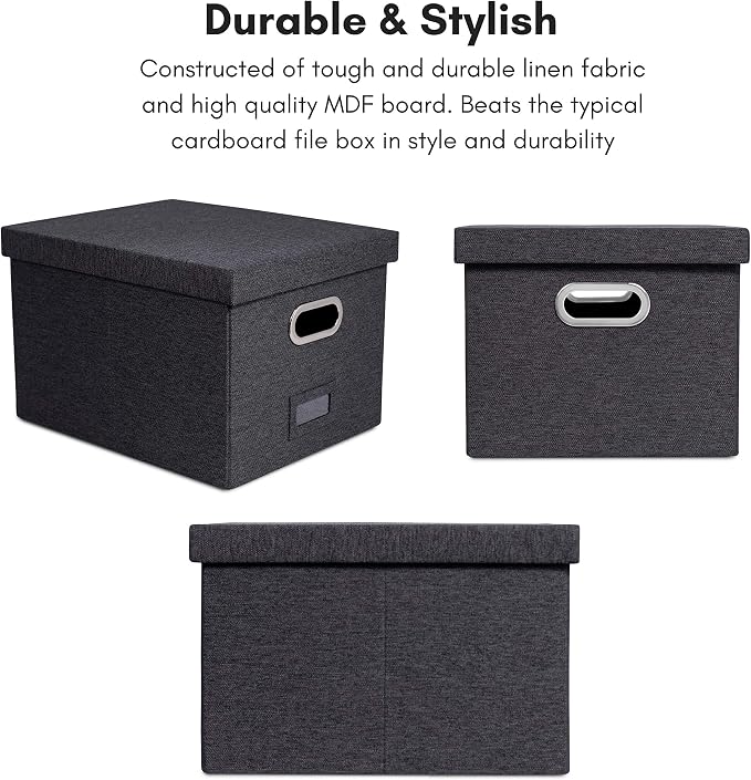 Internet's Best Collapsible File Storage Organizer with Lid - Decorative Linen Filing & Storage Office Box – Hanging Letter/Legal Folder – Home Office Bins Cabinet – Charcoal Container - 6 Pack - Image 6