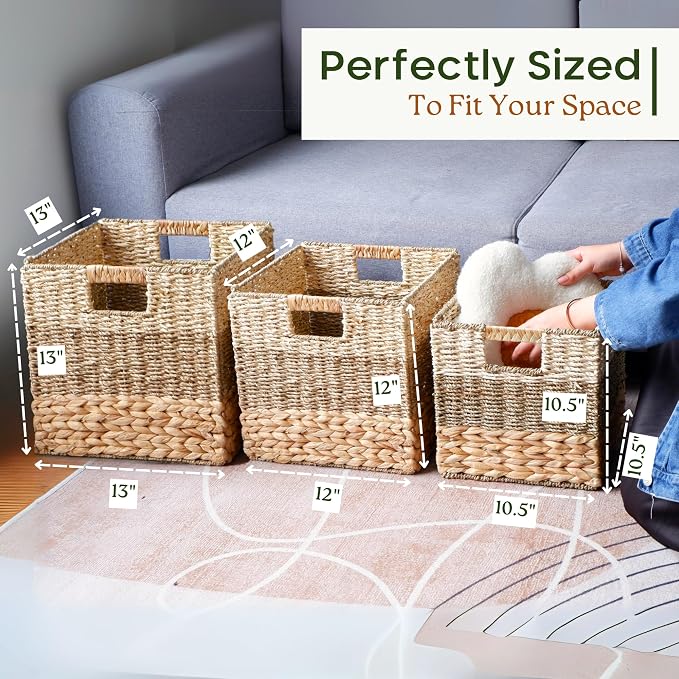 11x11 Wicker Storage Cubes Storage Baskets For Shelves Set 4 | 10.5 x 10.5 Water Hyacinth Storage Baskets Woven With Seagrass, Palm Leaf. Foldable Square Baskets With Carry Handles - Image 4