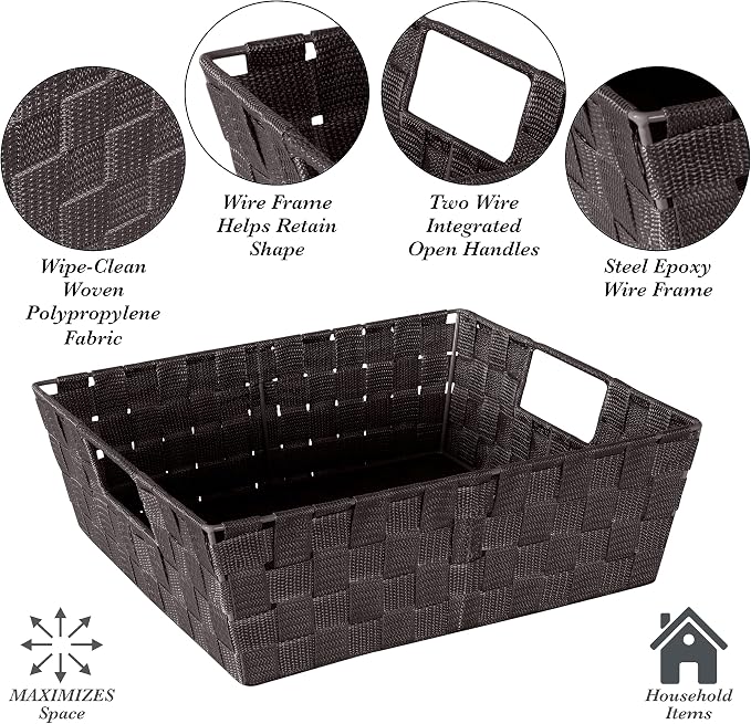 Simplify Large Shelf Woven Strap Tote | Decorative Storage Basket | Built in Handles | Organization | Closet | Bedroom | Bathroom | Nursery | Accessories | Toys | Gifts | 2 Pack | Chocolate - Image 3