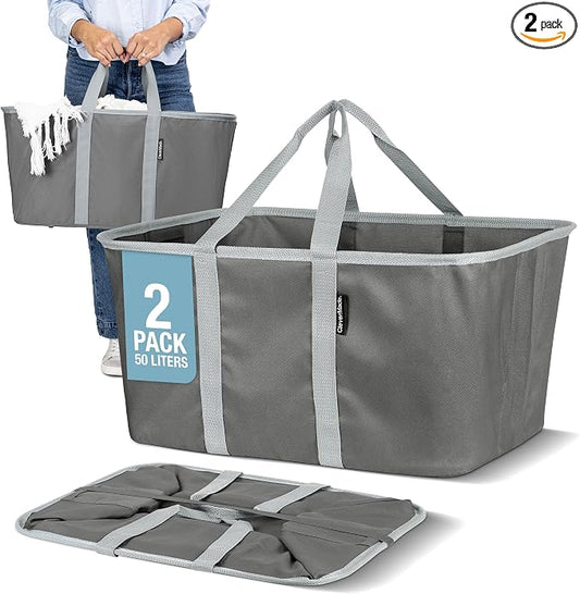 CleverMade Collapsible Fabric Laundry Baskets - Foldable Pop Up Storage Container Organizer Bags - Large Rectangular Space Saving Clothes Hamper Tote with Carry Handles, Pack of 2, Charcoal | Carry a Full Load with One Hand | Long Center Handles Balanc... by CleverMade