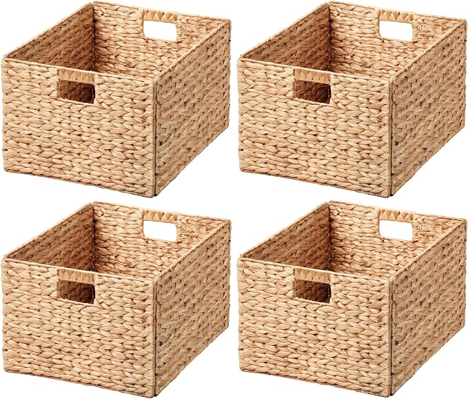 Extra Large Water Hyacinth Wicker Storage Baskets, Set of 4 | Rectangular, 16.1"x12.6"x9.5", Iron Wire Frame, Natural - Image 9