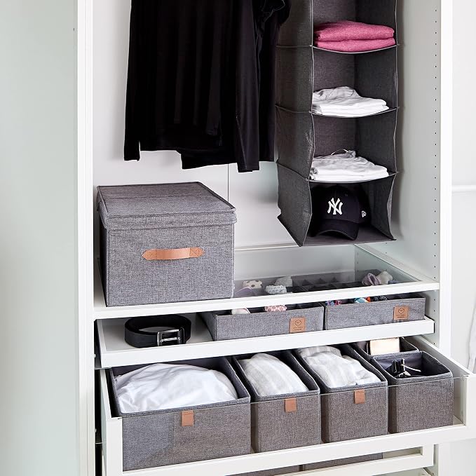LOVE IT STORE IT Premium Drawer Organiser System, 2-Piece Linen Wardrobe Organiser, Reinforced, 16 Compartments for Socks, Underwear, Grey, 30 x 30 x 15 cm - Image 8